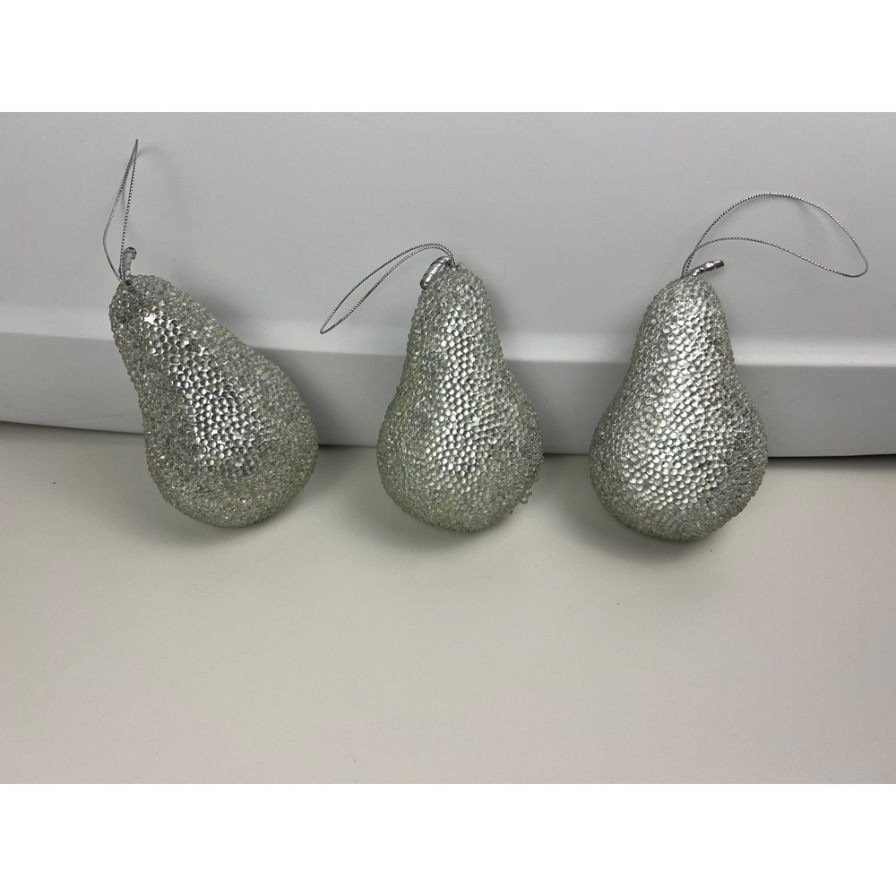 Set of 3 Vintage Beaded Silver Sugar Frosted Pear Ornaments‎ Christmas Decor